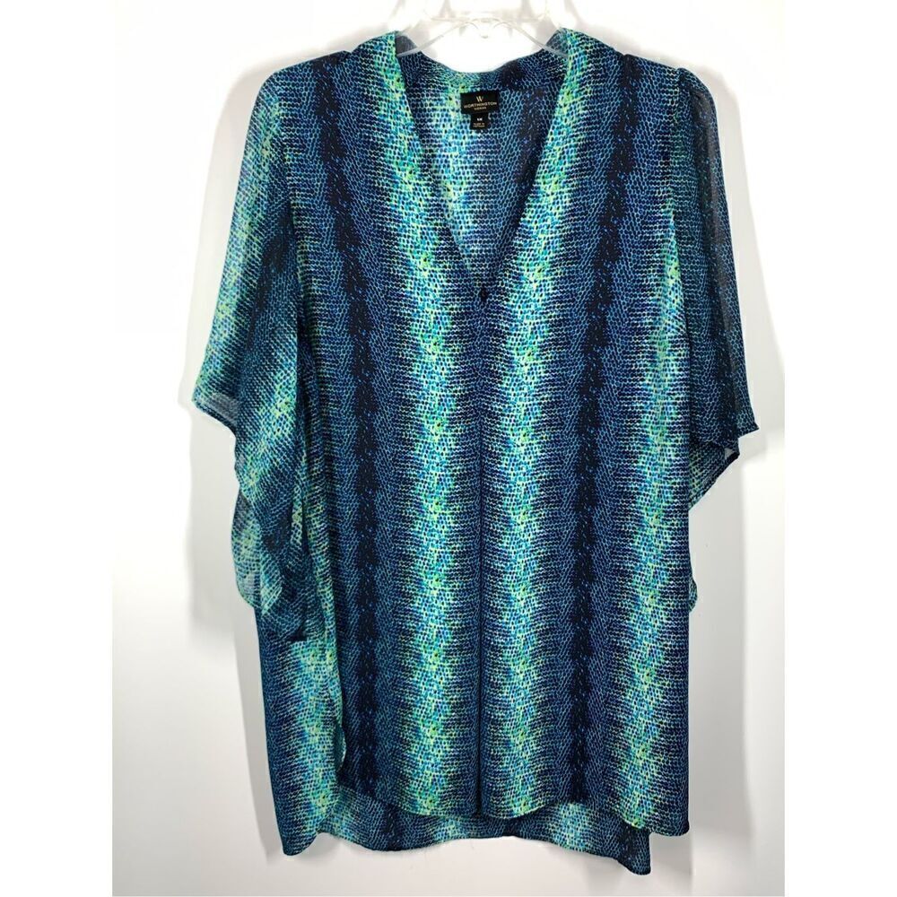 Worthington Women's Snakeskin Print Short Sleeve V-Neck Top Blue Size 1X